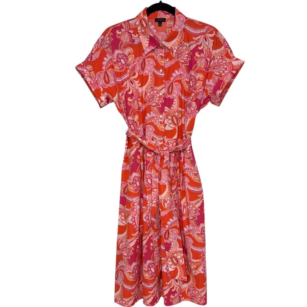 Talbots Sutton Shirt Dress, Sz 8, Pink & Orange Paisley Cotton Belted Pockets - Picture 2 of 13
